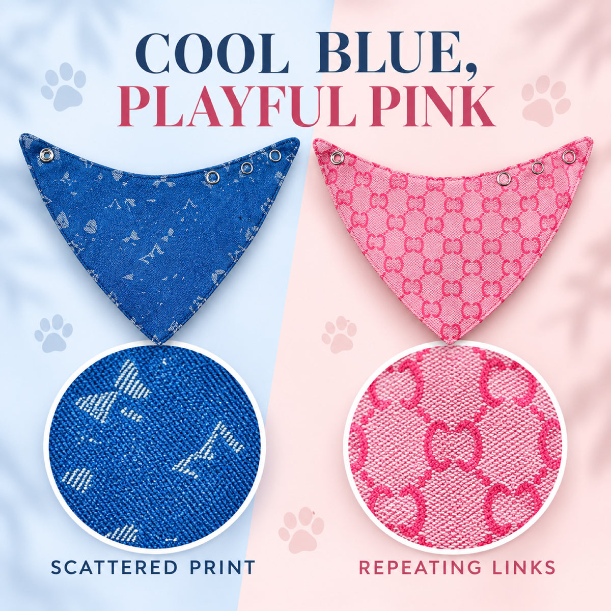 GAVPEPY Polyamide Adjustable Printed Pet Bandana, Sizes S, M, L, Khaki, Pink, for photos, celebrations, walks and everyday pet outfits; a neckwear accessory for everyday outfits, portraits and special occasions image 5 - 05-蓝粉图案.jpg