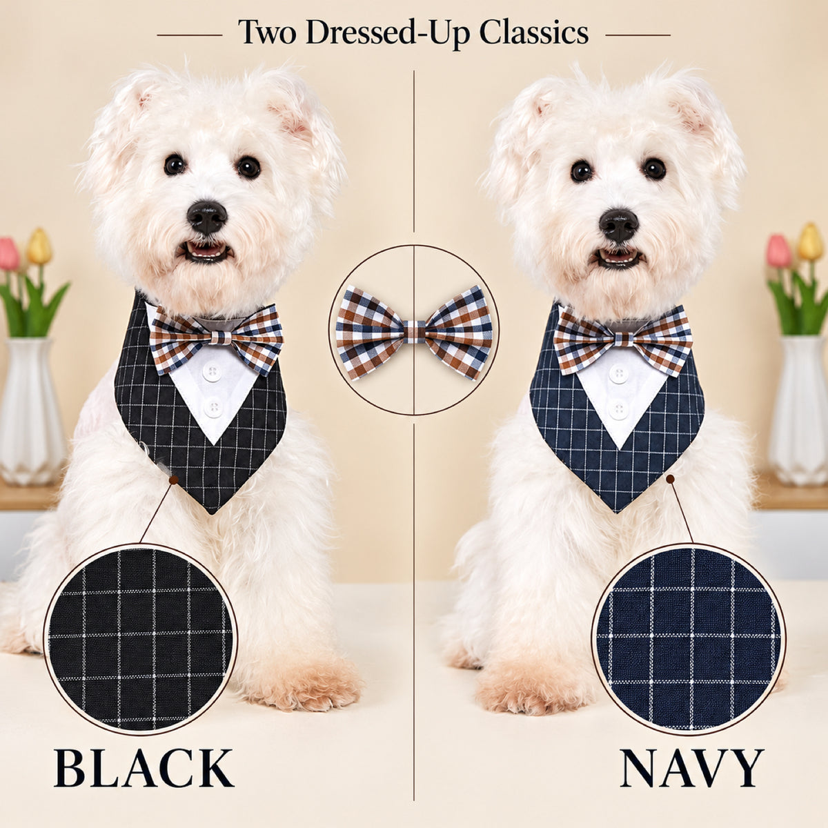 GAVPEPY Polyester Tuxedo-Style Pet Bandana, Sizes XS, S, M, L, XL, 6 color or pattern options, for photos, celebrations, walks and everyday pet outfits; a neckwear accessory for everyday outfits, portraits and special occasions image 5 - 05-深色对照.jpg