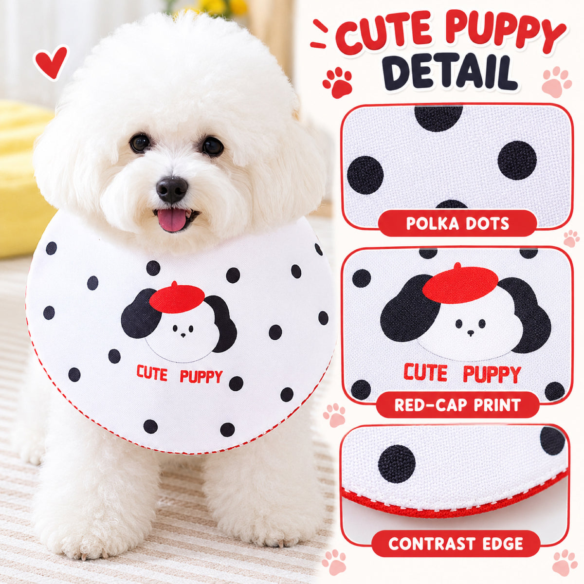 GAVPEPY Polyester Printed Pet Bib, Sizes S, M, L, XL, Yellow, White, Red, for photos, celebrations, walks and everyday pet outfits; a neckwear accessory for everyday outfits, portraits and special occasions image 5 - 05-红帽小狗细节.jpg