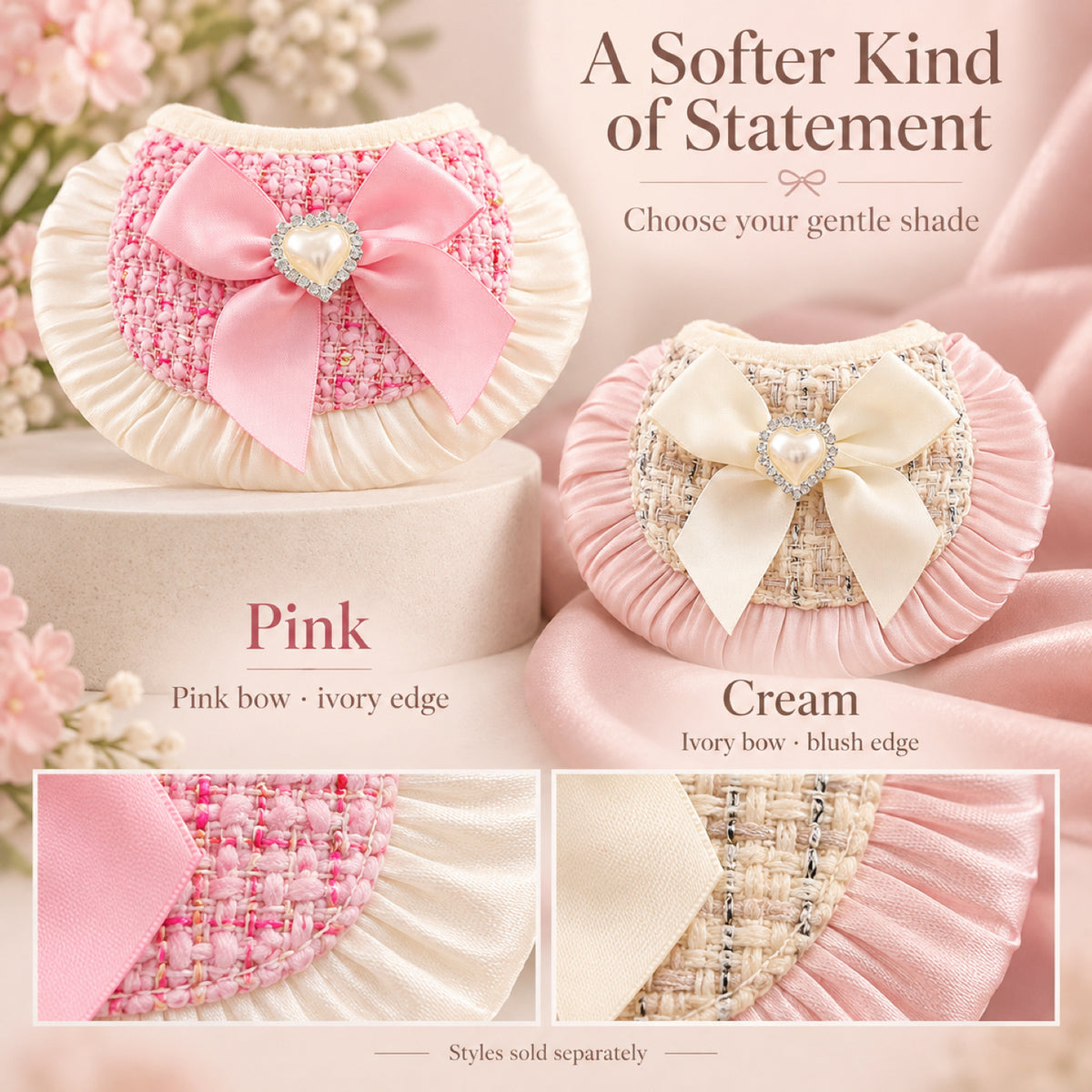 GAVPEPY Polyester Bow-Trim Pet Bib, Size S, 5 color or pattern options, for photos, celebrations, walks and everyday pet outfits; a neckwear accessory for everyday outfits, portraits and special occasions image 5 - 05-柔和双色.jpg