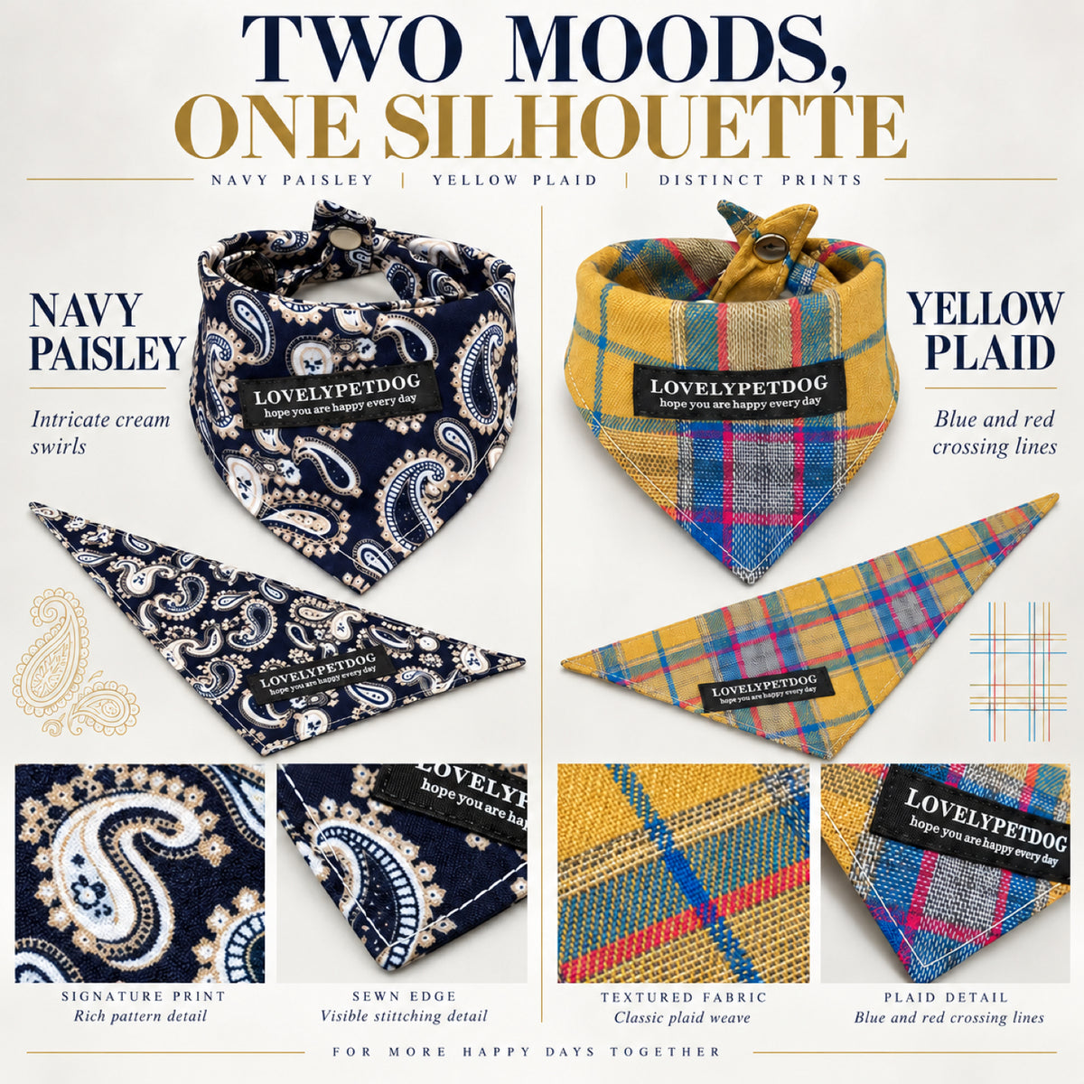 GAVPEPY Polyester Printed Adjustable Pet Bandana, Sizes S, M, L, XL, Navy, White, Yellow, for photos, celebrations, walks and everyday pet outfits; a neckwear accessory for everyday outfits, portraits and special occasions image 5 - 05-蓝黄对照.jpg