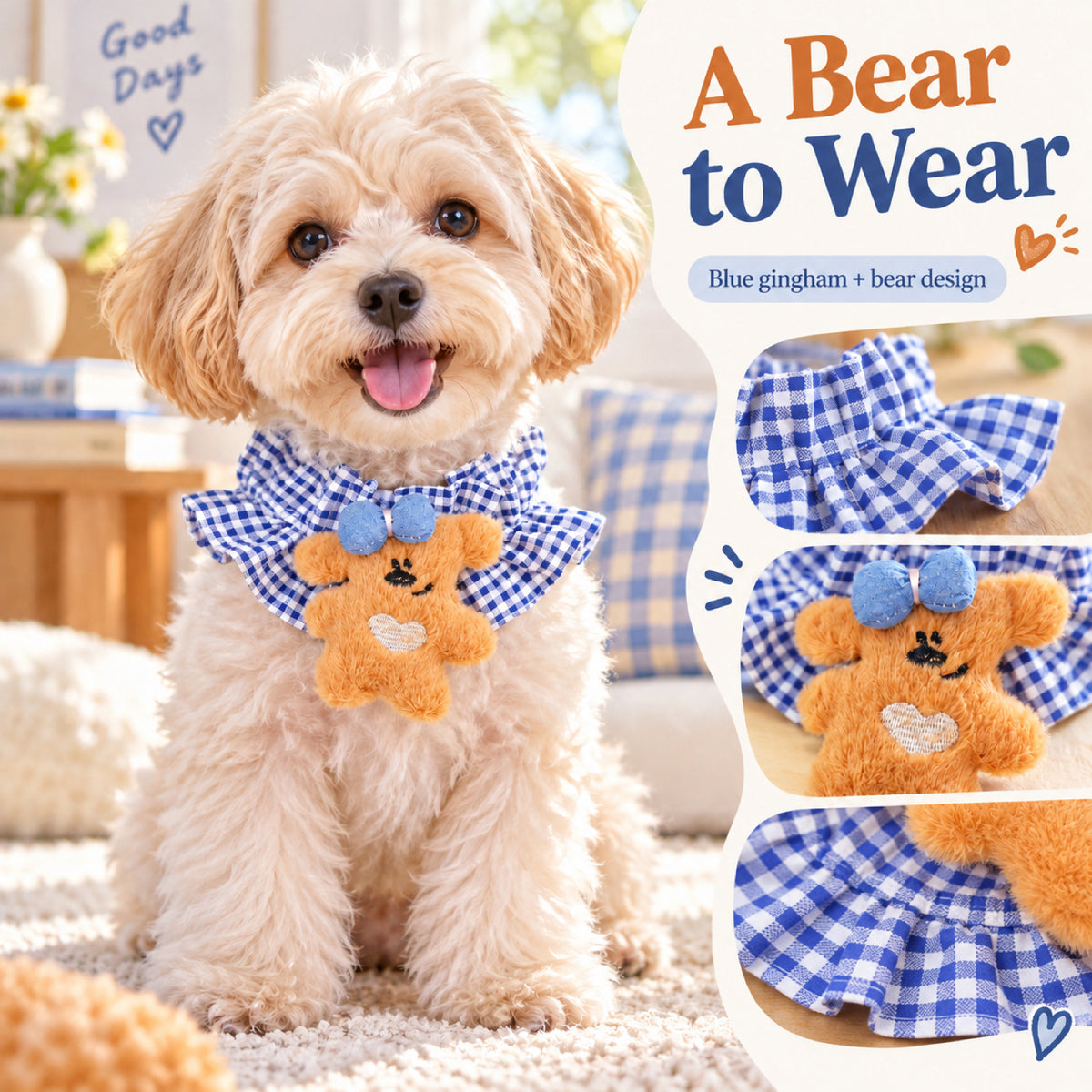 GAVPEPY Polyester Gingham Bear Pet Bib, Size S, as pictured, for pet photos, outings and celebrations; decorative neckwear with the selected print and fit shown in the product photos; review the selected variant photo for details image 5 - 05-小熊佩戴.jpg