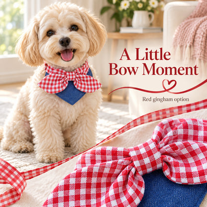 GAVPEPY Polyester Gingham Bow Pet Bib, Sizes S, M, Red, for pet photos, outings and celebrations; decorative neckwear with the selected print and fit shown in the product photos; review the selected variant photo for details image 5 - 05-红格佩戴.jpg