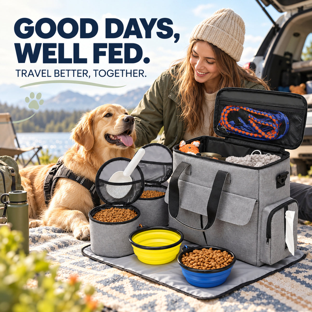 Large Pet Food Travel Bag with 2 Collapsible Bowls, 3 Colors, By GAVPEPY image 7 - 06-Lifestyle.jpg