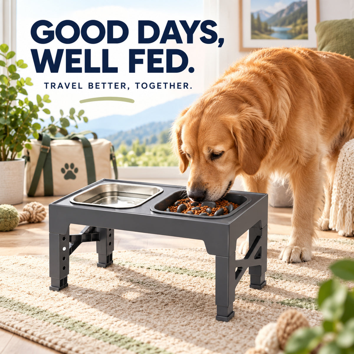 Adjustable Foldable Pet Bowl Stand, 2 Colors & 3 Bowl Sets, By GAVPEPY image 7 - 06-Lifestyle.jpg