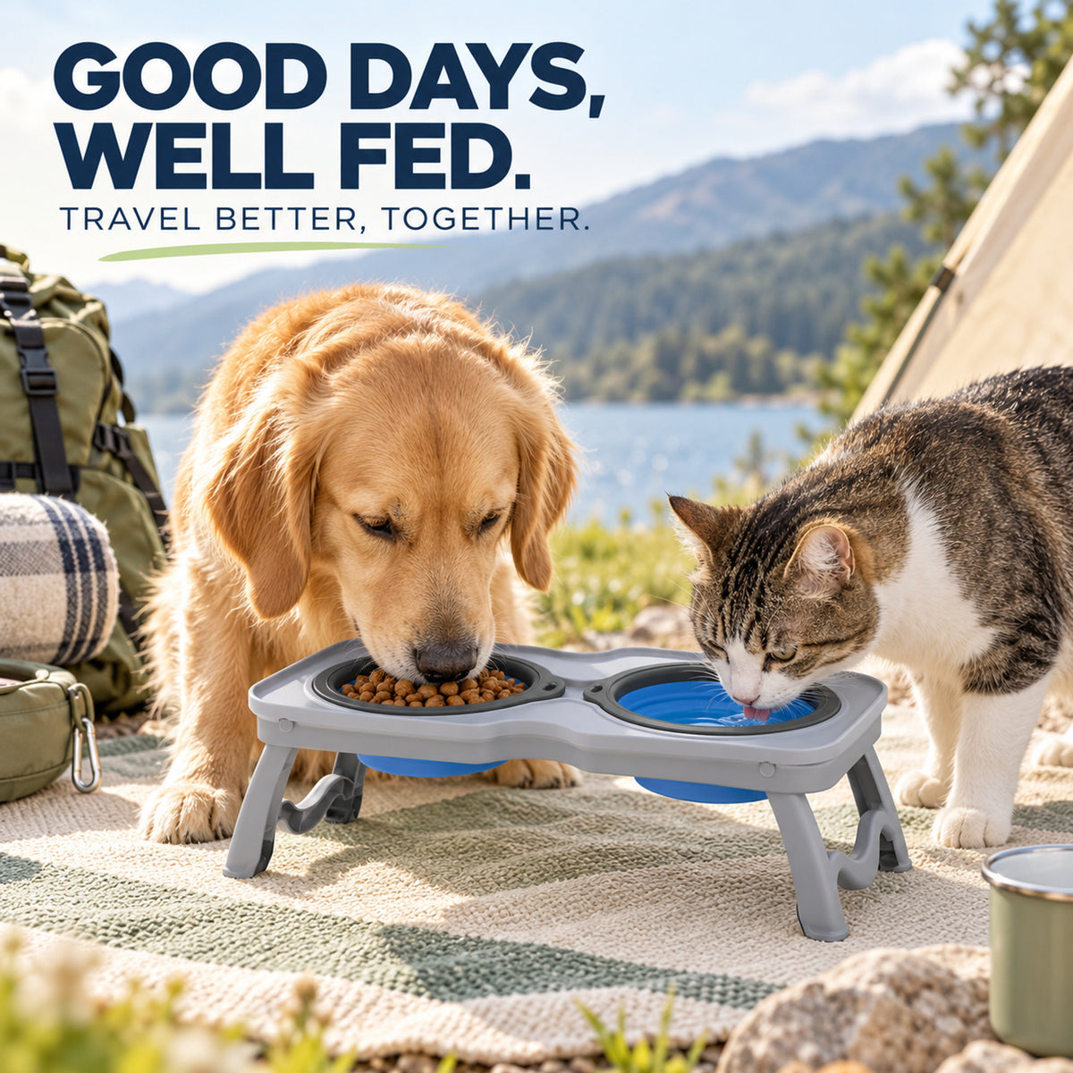 Foldable Double Pet Bowl Stand, 2 Colors & 2 Sizes, By GAVPEPY image 7 - 06-Lifestyle.jpg