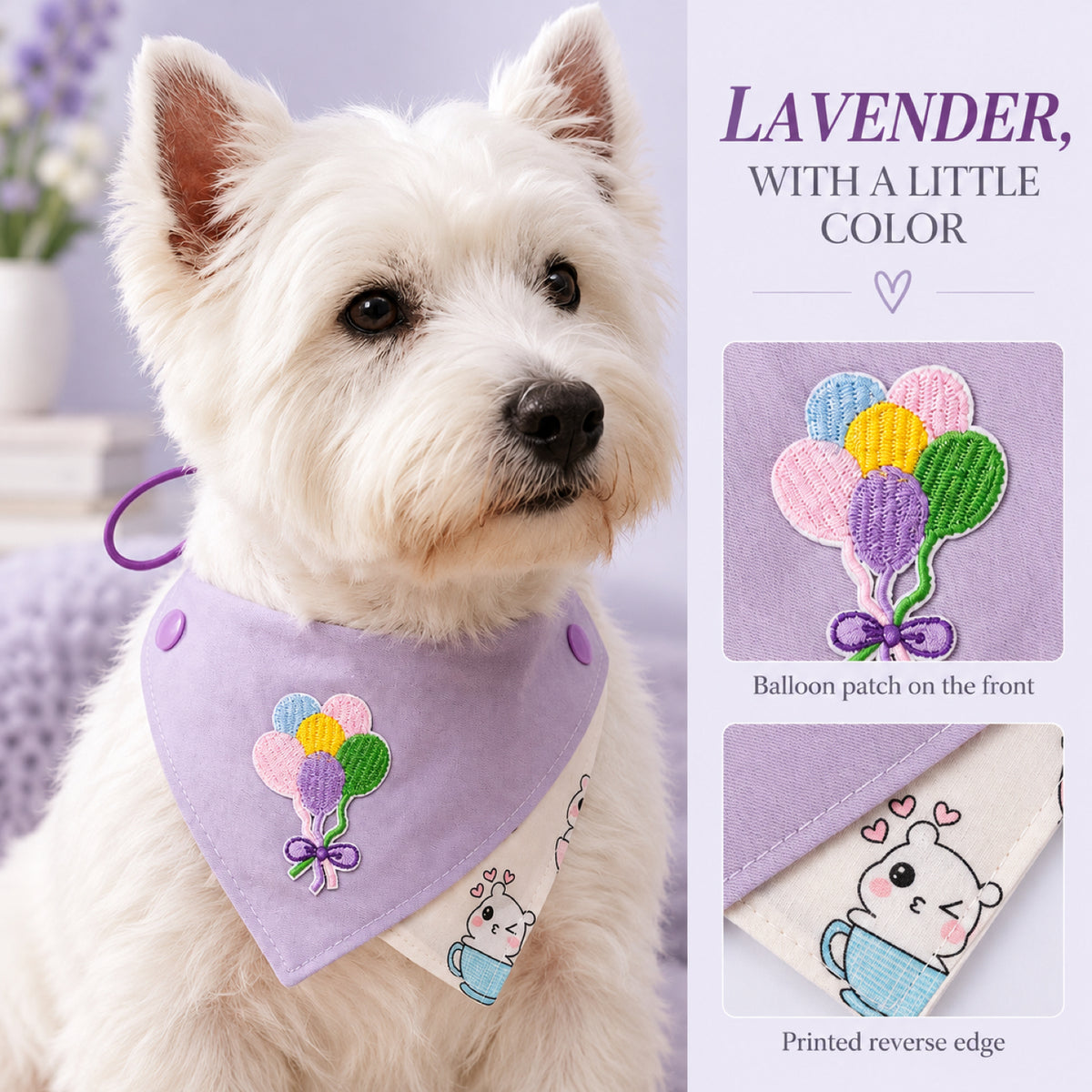 GAVPEPY Fabric Reversible Printed Pet Bandana, Sizes S, L, Purple, for pet photos, outings and celebrations; decorative neckwear with the selected print and fit shown in the product photos; review the selected variant photo for details image 6 - 06-白犬气球款佩戴.jpg