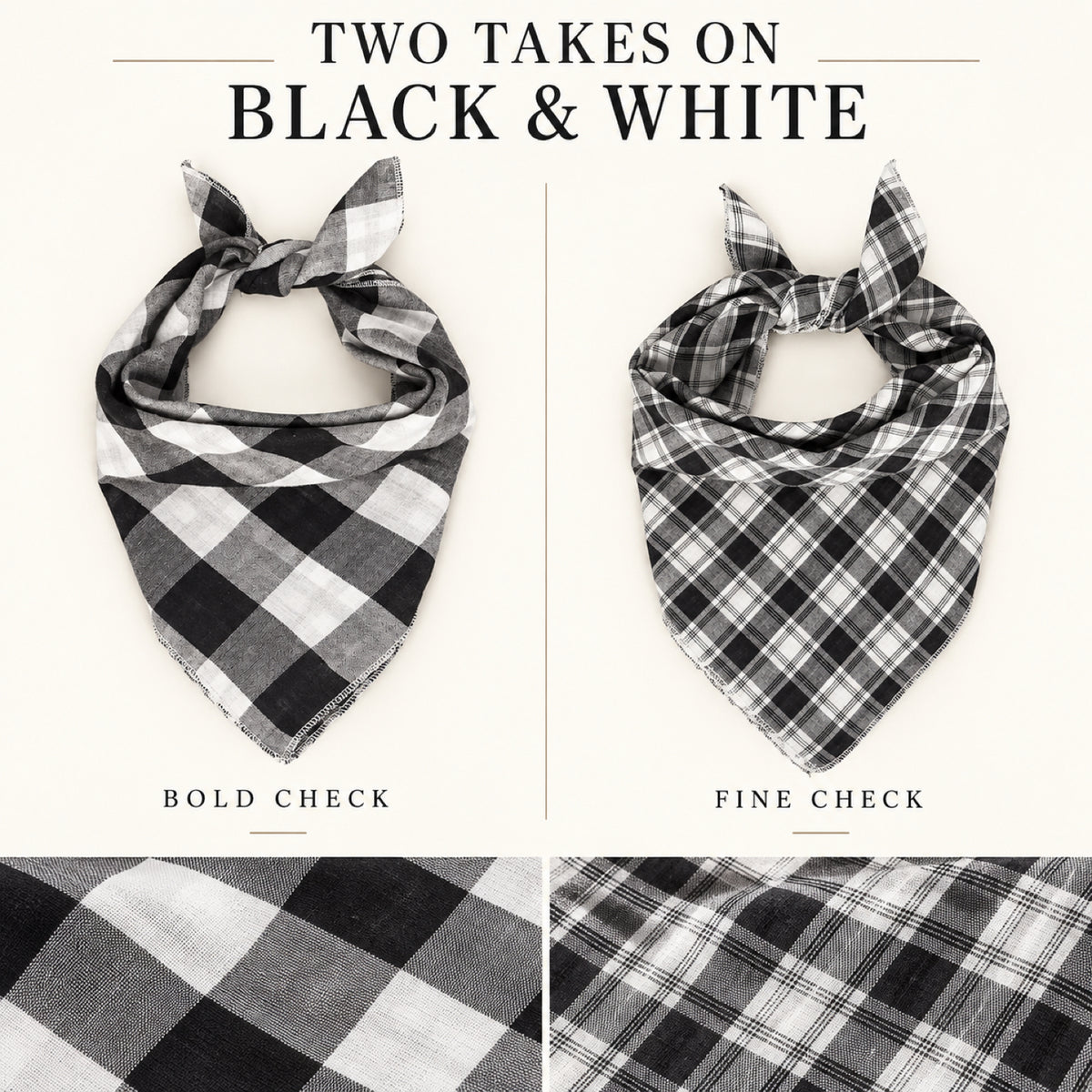 GAVPEPY Cotton Plaid Tie Pet Bandana, Sizes 68 x 45 x 45, One Size, Red, Green, White, Brown, for photos, celebrations, walks and everyday pet outfits; a neckwear accessory for everyday outfits, portraits and special occasions image 6 - 06-黑白双格.jpg