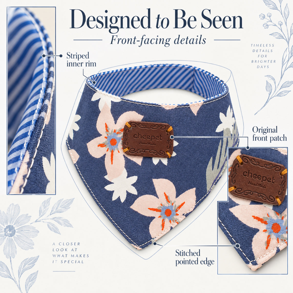 GAVPEPY Cotton Floral Hook-and-Loop Pet Bib, Sizes S, M, L, Blue, Pink, for photos, celebrations, walks and everyday pet outfits; a neckwear accessory for everyday outfits, portraits and special occasions image 6 - 06-可见结构.jpg