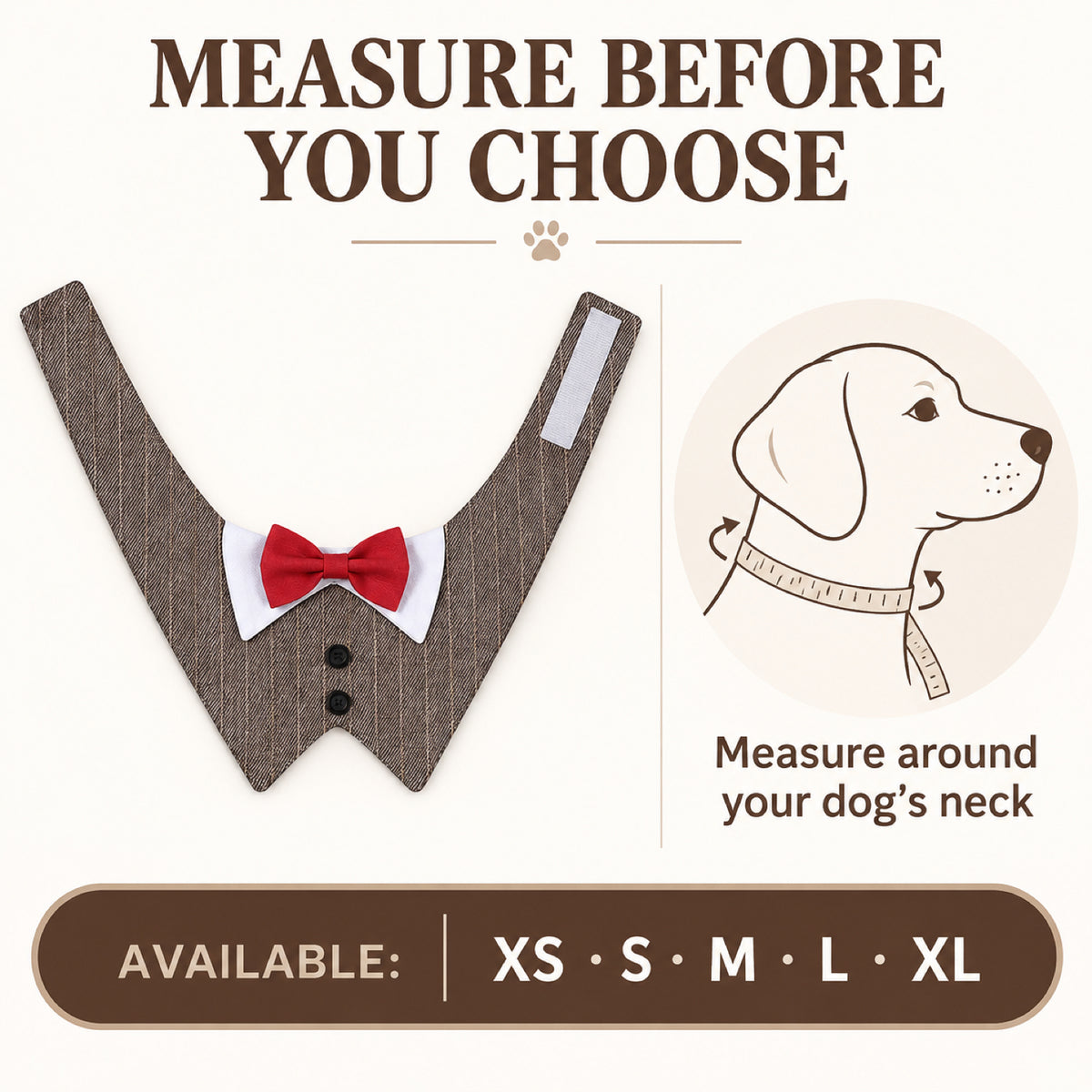 GAVPEPY Polyester Tuxedo Bow Pet Bib, Sizes XS, S, M, L, XL, Green Stripe, Dark Gray Stripe, Coffee Stripe, for photos, celebrations, walks and everyday pet outfits; a neckwear accessory for everyday outfits, portraits and special occasions image 6 - 06-选尺码提示.jpg