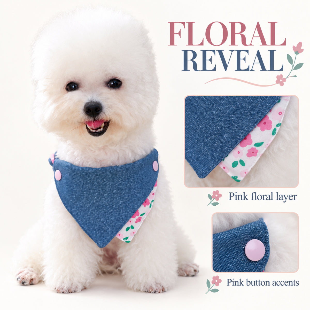 GAVPEPY Polyester Denim-Look Triangle Pet Bib, Sizes S, M, as pictured, for photos, celebrations, walks and everyday pet outfits; a neckwear accessory for everyday outfits, portraits and special occasions image 6 - 06-粉花佩戴.jpg