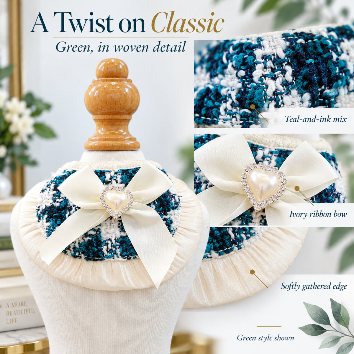 GAVPEPY Polyester Bow-Trim Pet Bib, Size S, 5 color or pattern options, for photos, celebrations, walks and everyday pet outfits; a neckwear accessory for everyday outfits, portraits and special occasions image 6 - 06-绿色造型.jpg