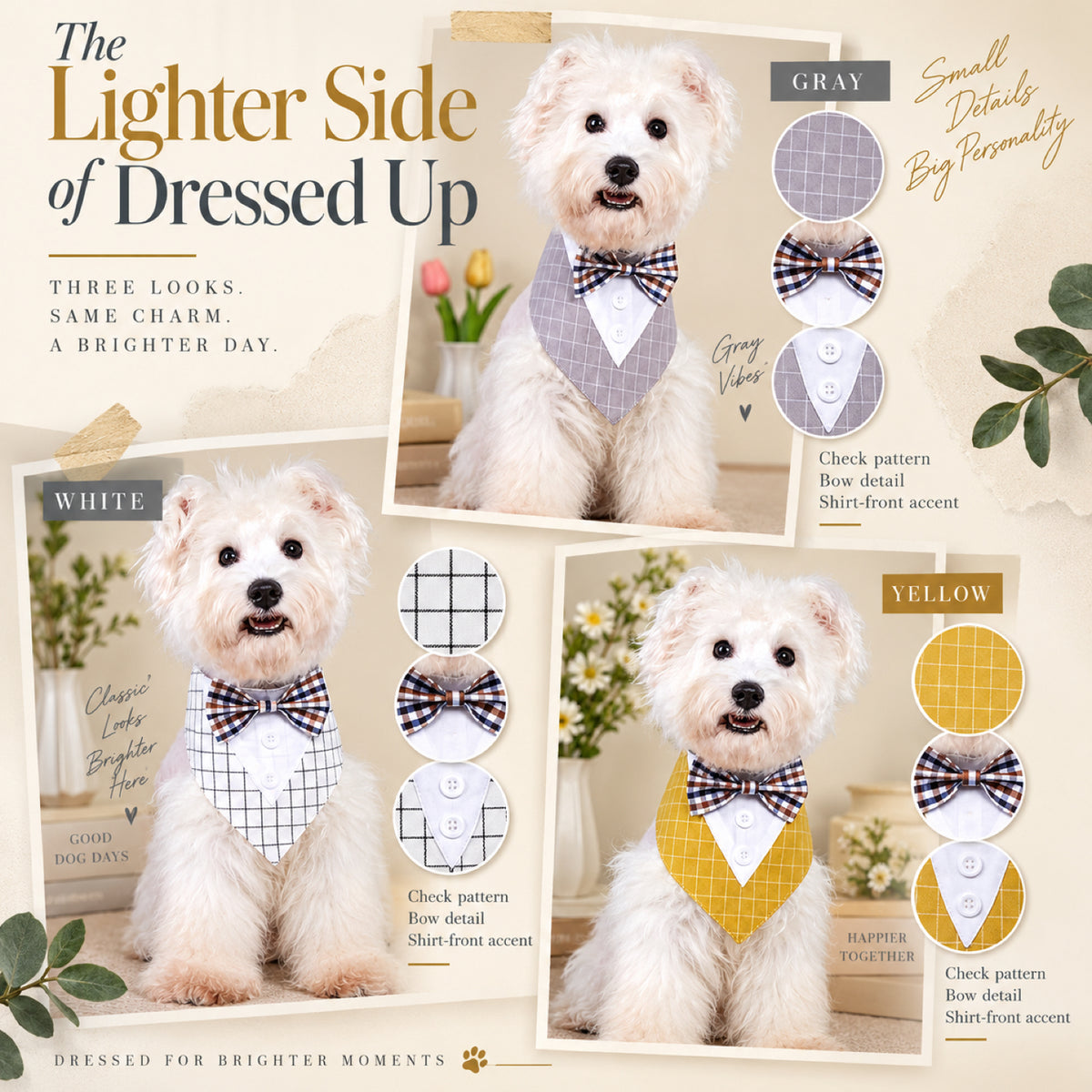 GAVPEPY Polyester Tuxedo-Style Pet Bandana, Sizes XS, S, M, L, XL, 6 color or pattern options, for photos, celebrations, walks and everyday pet outfits; a neckwear accessory for everyday outfits, portraits and special occasions image 6 - 06-浅色对照.jpg