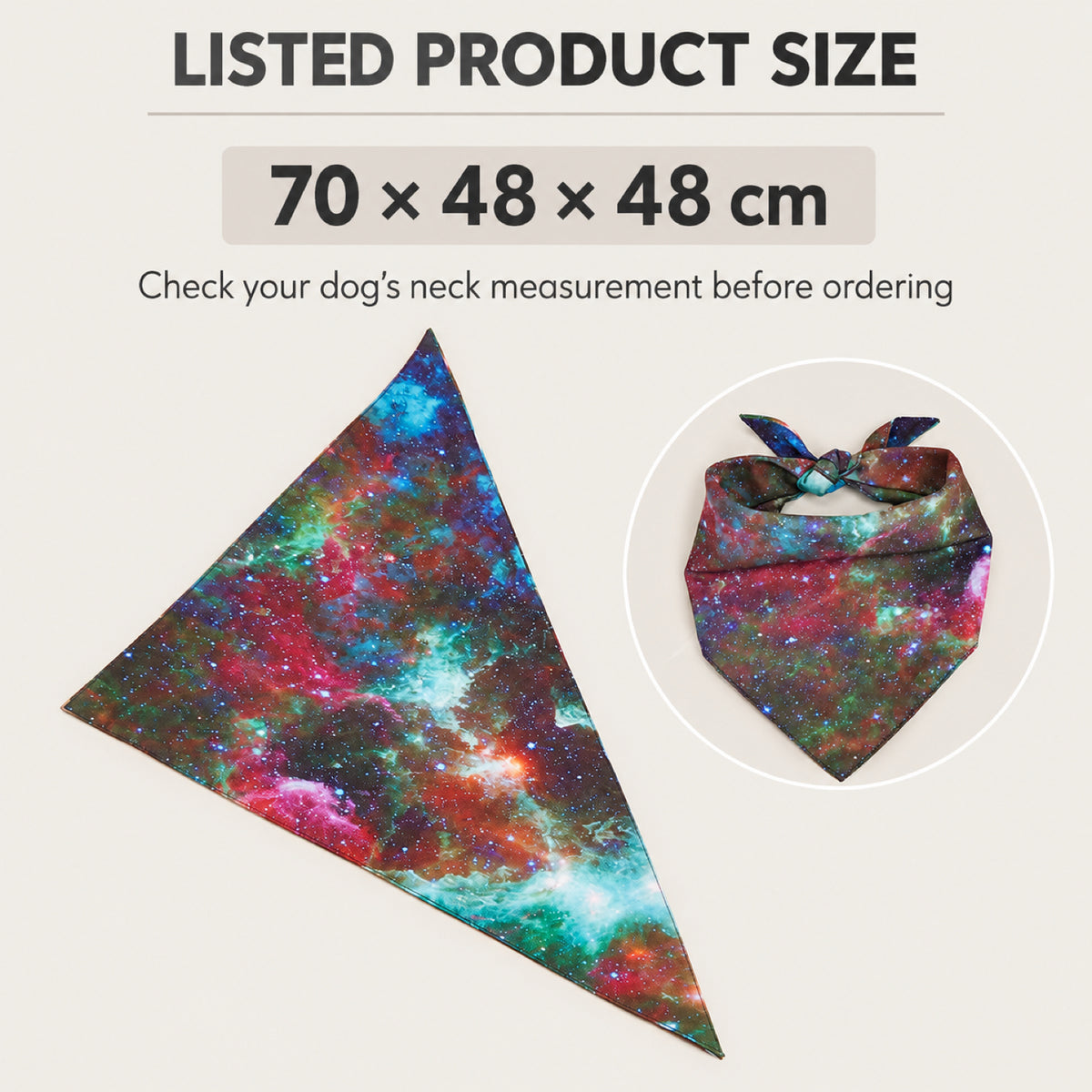 GAVPEPY Polyester Galaxy Print Pet Bandana, Size L, as pictured, for pet photos, outings and celebrations; decorative neckwear with the selected print and fit shown in the product photos; review the selected variant photo for details image 6 - 06-已列尺寸提示.jpg