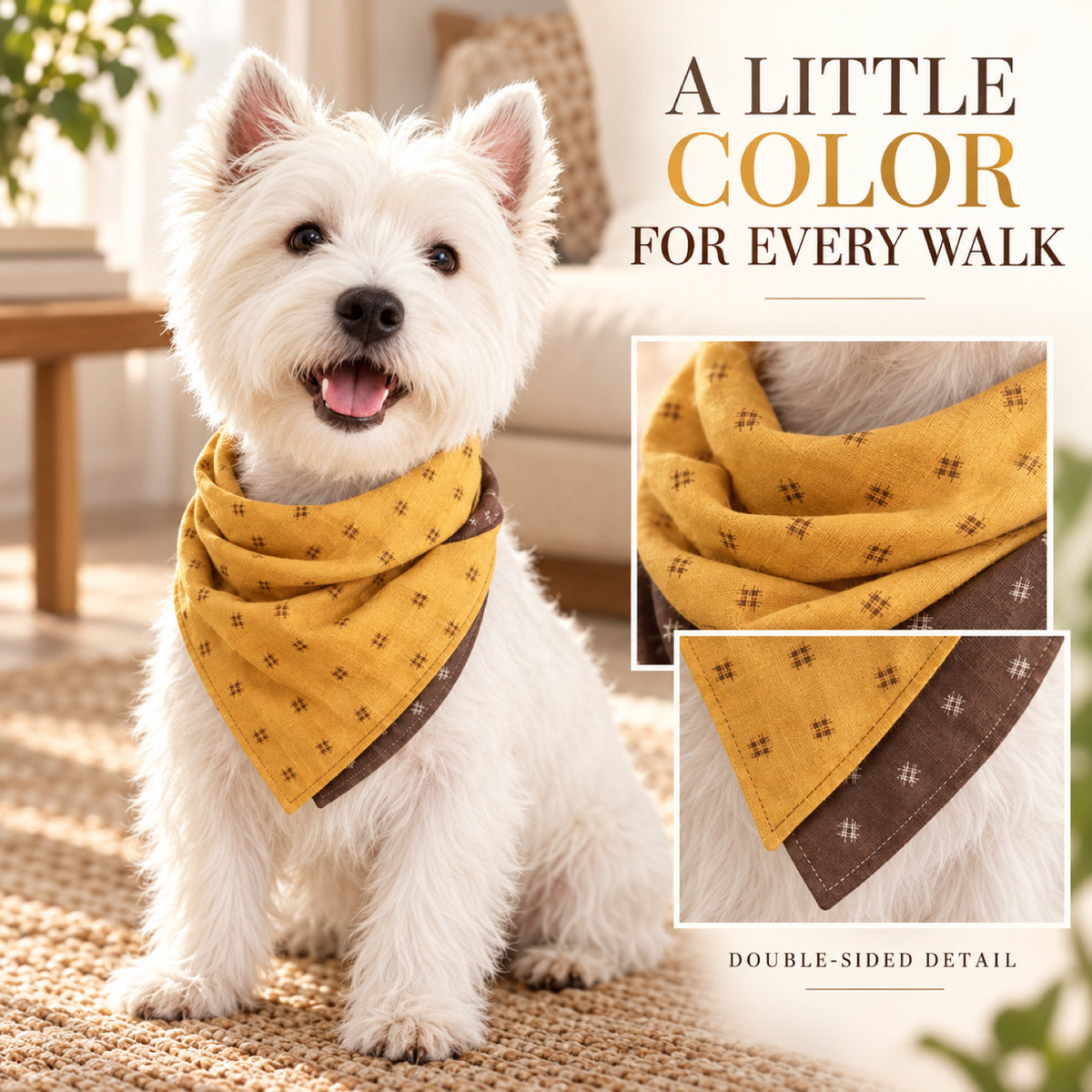 GAVPEPY Polyester Color-Block Square Pet Bandana, Sizes S, M, L, XL, Yellow, Black, for photos, celebrations, walks and everyday pet outfits; a neckwear accessory for everyday outfits, portraits and special occasions image 6 - 06-小犬佩戴.jpg