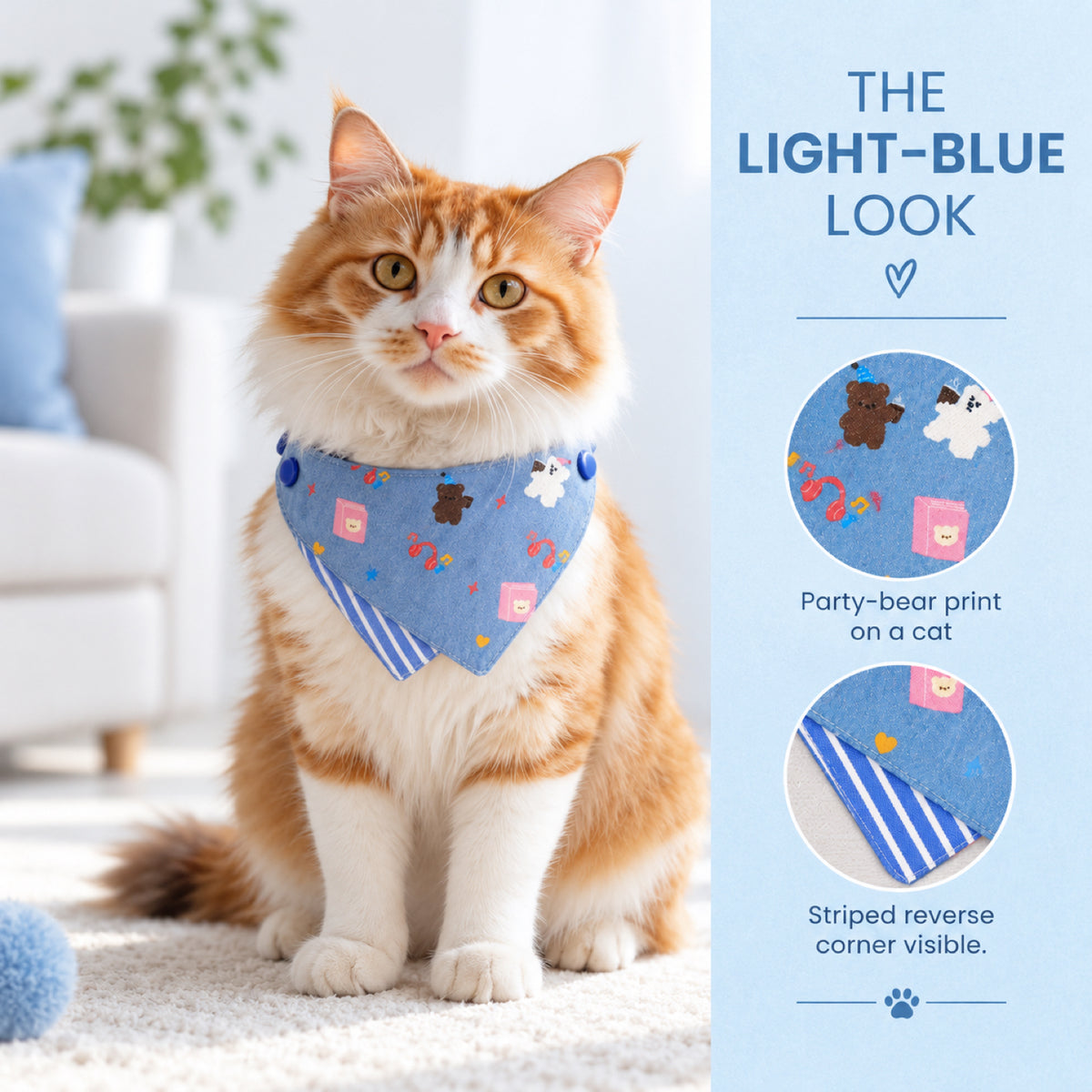 GAVPEPY Cotton Adjustable Printed Pet Bandana, Sizes S, L, Blue, for pet photos, outings and celebrations; decorative neckwear with the selected print and fit shown in the product photos; review the selected variant photo for details image 6 - 06-橘白猫浅蓝款佩戴.jpg