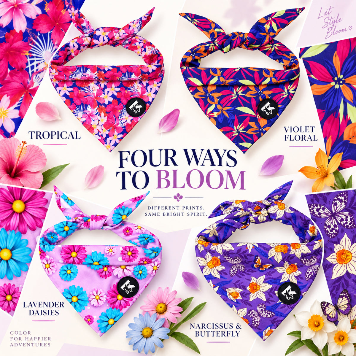 GAVPEPY Polyester Floral Print Pet Bandana, Size One Size, Green, for pet photos, outings and celebrations; decorative neckwear with the selected print and fit shown in the product photos; review the selected variant photo for details image 6 - 06-花卉四款.jpg