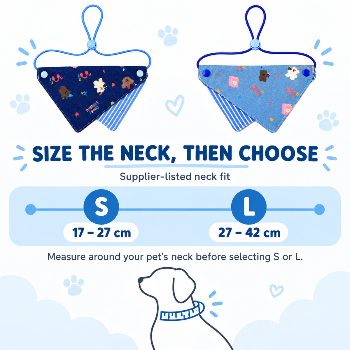 GAVPEPY Cotton Adjustable Printed Pet Bandana, Sizes S, L, Blue, for pet photos, outings and celebrations; decorative neckwear with the selected print and fit shown in the product photos; review the selected variant photo for details image 7 - 07-SL颈围选择.jpg