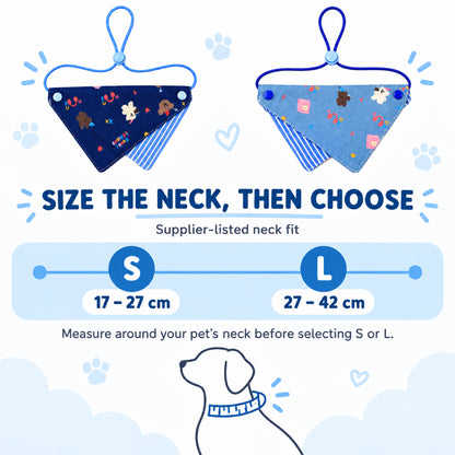GAVPEPY Cotton Adjustable Printed Pet Bandana, Sizes S, L, Blue, for pet photos, outings and celebrations; decorative neckwear with the selected print and fit shown in the product photos; review the selected variant photo for details image 7 - 07-SL颈围选择.jpg