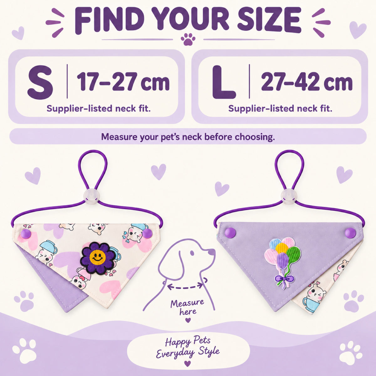 GAVPEPY Fabric Reversible Printed Pet Bandana, Sizes S, L, Purple, for pet photos, outings and celebrations; decorative neckwear with the selected print and fit shown in the product photos; review the selected variant photo for details image 7 - 07-SL颈围选择.jpg