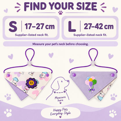 GAVPEPY Fabric Reversible Printed Pet Bandana, Sizes S, L, Purple, for pet photos, outings and celebrations; decorative neckwear with the selected print and fit shown in the product photos; review the selected variant photo for details image 7 - 07-SL颈围选择.jpg