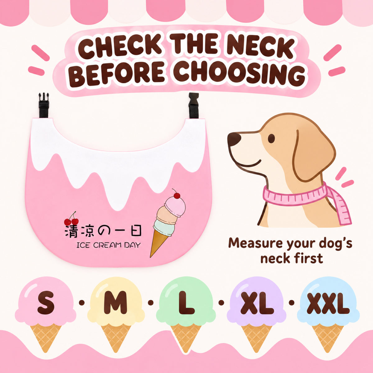 GAVPEPY Polyester Ice-Cream Print Pet Bib, Sizes S, M, L, XL, XXL, Pink, Green, Purple, for photos, celebrations, walks and everyday pet outfits; a neckwear accessory for everyday outfits, portraits and special occasions image 7 - 07-选尺码提示.jpg