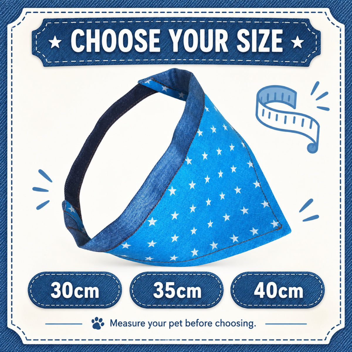 GAVPEPY Denim fabric Star Print Denim Pet Bandana, Sizes 30CM, 35CM, 40CM, Blue, for photos, celebrations, walks and everyday pet outfits; a neckwear accessory for everyday outfits, portraits and special occasions image 7 - 07-三档尺码选择.jpg