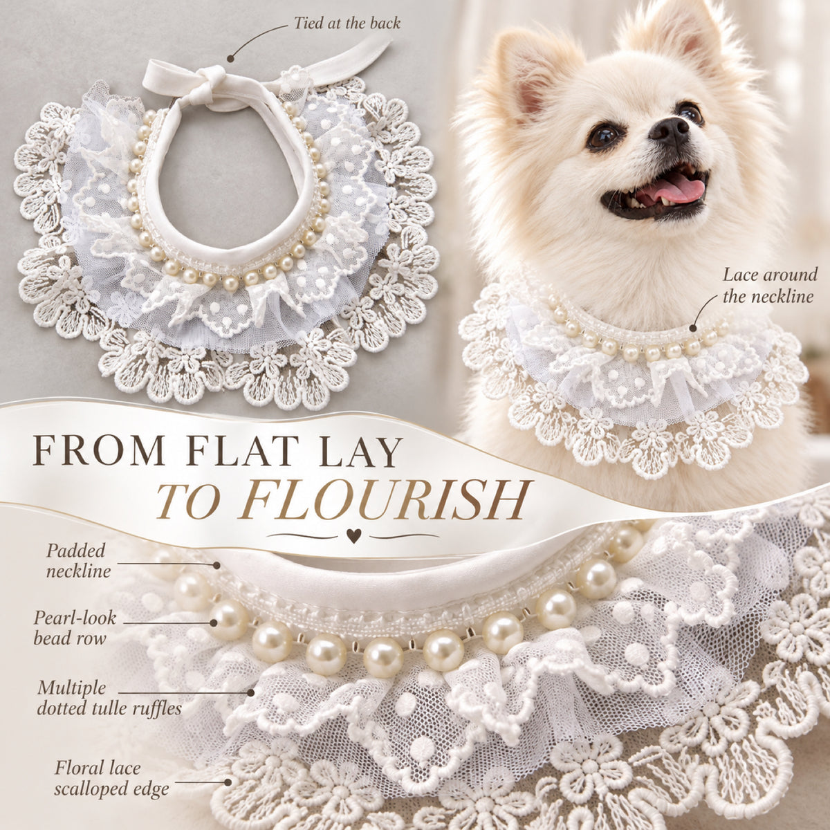 GAVPEPY Lace-Trim Pet Collar Bib, Sizes XS, S, M, L, XL, White, for pet photos, outings and celebrations; decorative neckwear with the selected print and fit shown in the product photos; review the selected variant photo for details image 7 - 07-平铺佩戴.jpg