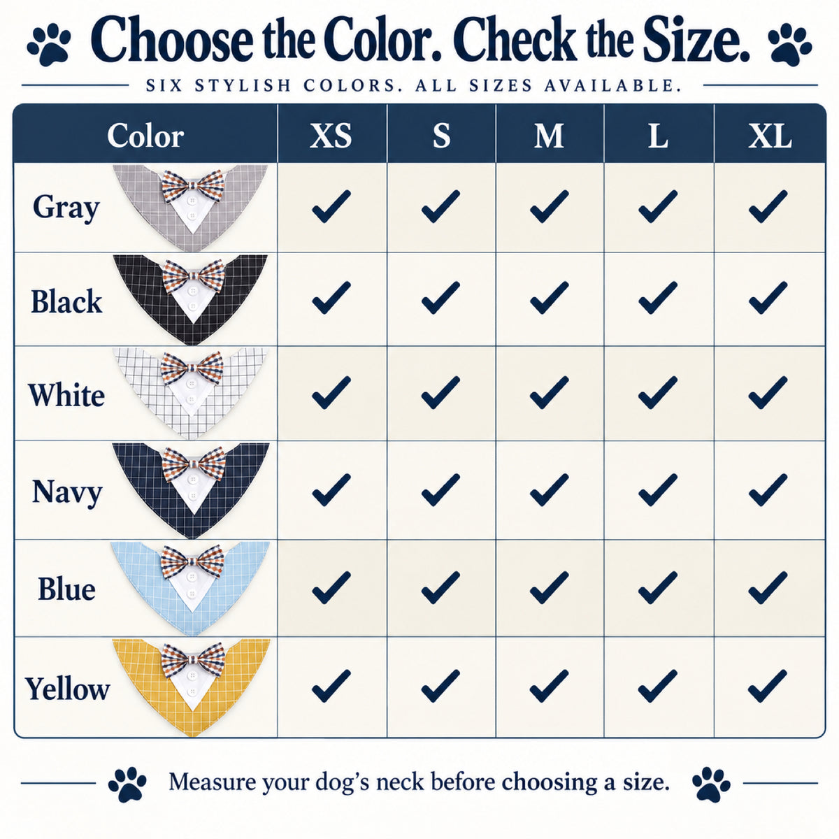 GAVPEPY Polyester Tuxedo-Style Pet Bandana, Sizes XS, S, M, L, XL, 6 color or pattern options, for photos, celebrations, walks and everyday pet outfits; a neckwear accessory for everyday outfits, portraits and special occasions image 7 - 07-花色尺码.jpg