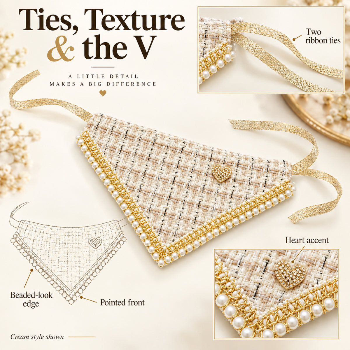 GAVPEPY Polyester Tweed-Look Triangle Pet Bib, Size S, 5 color or pattern options, for photos, celebrations, walks and everyday pet outfits; a neckwear accessory for everyday outfits, portraits and special occasions image 7 - 07-系带轮廓.jpg