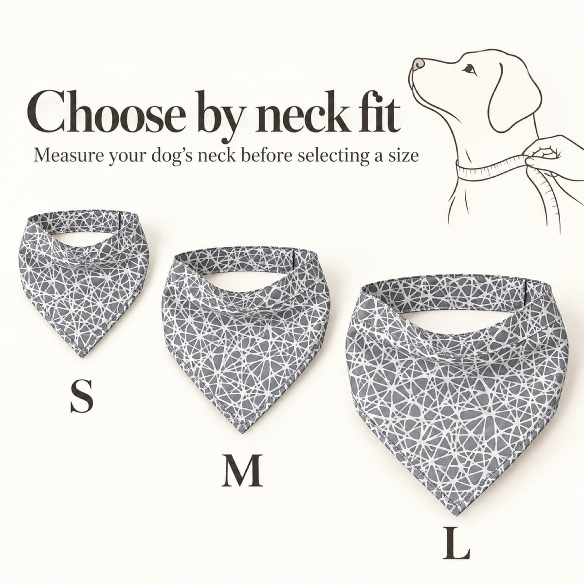 GAVPEPY Polyester Reflective Pattern Pet Bandana, Sizes S, M, L, Gray, for photos, celebrations, walks and everyday pet outfits; a neckwear accessory for everyday outfits, portraits and special occasions image 7 - 07-尺码选购.jpg