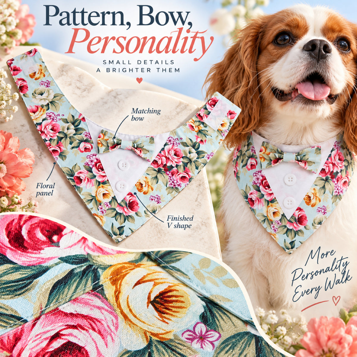 GAVPEPY Polyester Floral Formal Pet Bib, Sizes XS, S, M, L, XL, Red, Pink, Blue, for photos, celebrations, walks and everyday pet outfits; a neckwear accessory for everyday outfits, portraits and special occasions image 7 - 07-布面造型.jpg