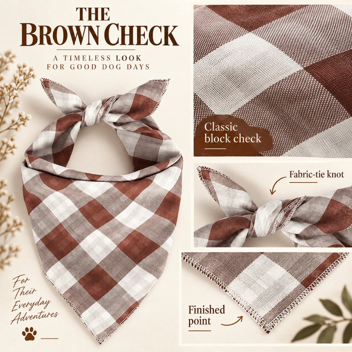 GAVPEPY Cotton Plaid Tie Pet Bandana, Sizes 68 x 45 x 45, One Size, Red, Green, White, Brown, for photos, celebrations, walks and everyday pet outfits; a neckwear accessory for everyday outfits, portraits and special occasions image 7 - 07-咖白格打结.jpg