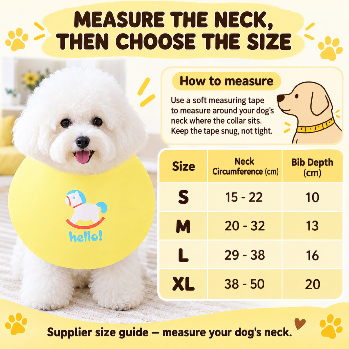 GAVPEPY Polyester Printed Pet Bib, Sizes S, M, L, XL, Yellow, White, Red, for photos, celebrations, walks and everyday pet outfits; a neckwear accessory for everyday outfits, portraits and special occasions image 7 - 07-尺码选择.jpg