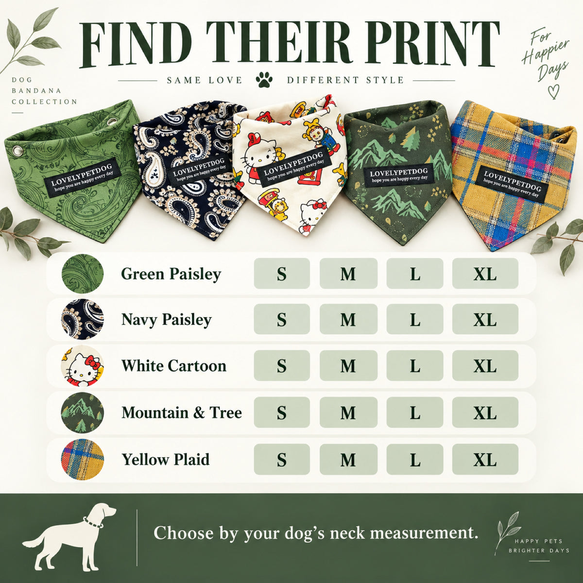 GAVPEPY Polyester Printed Adjustable Pet Bandana, Sizes S, M, L, XL, Navy, White, Yellow, for photos, celebrations, walks and everyday pet outfits; a neckwear accessory for everyday outfits, portraits and special occasions image 7 - 07-款式尺码.jpg