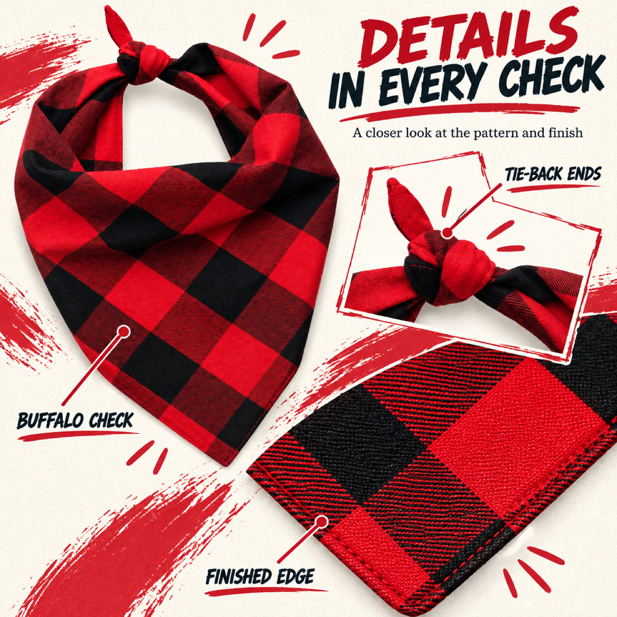 GAVPEPY Cotton-linen blend Gingham Pet Bandana, Sizes Small, Large, Red, White, for photos, celebrations, walks and everyday pet outfits; a neckwear accessory for everyday outfits, portraits and special occasions image 7 - 07-细节造型.jpg
