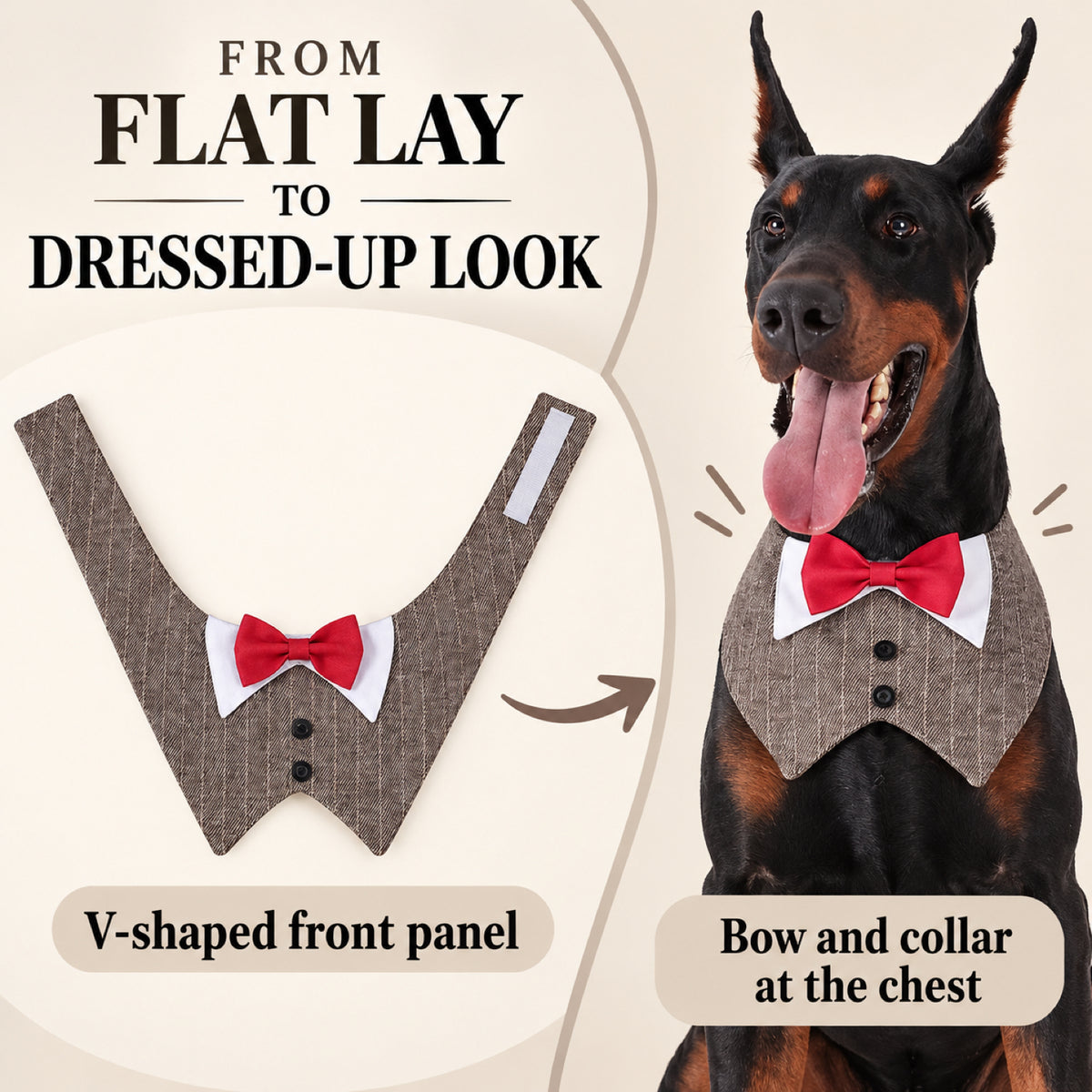 GAVPEPY Polyester Tuxedo Bow Pet Bib, Sizes XS, S, M, L, XL, Green Stripe, Dark Gray Stripe, Coffee Stripe, for photos, celebrations, walks and everyday pet outfits; a neckwear accessory for everyday outfits, portraits and special occasions image 7 - 07-平铺佩戴对照.jpg