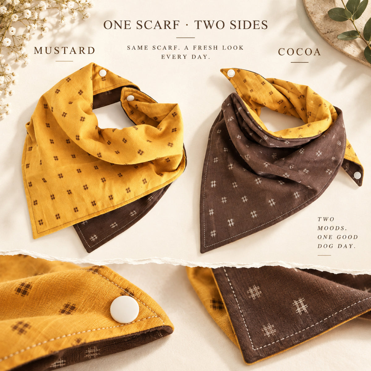 GAVPEPY Polyester Color-Block Square Pet Bandana, Sizes S, M, L, XL, Yellow, Black, for photos, celebrations, walks and everyday pet outfits; a neckwear accessory for everyday outfits, portraits and special occasions image 7 - 07-正反款式.jpg