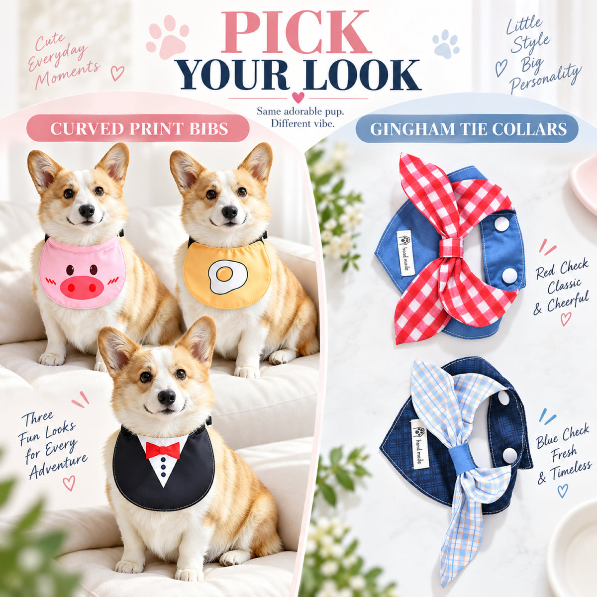 GAVPEPY Polyester Adjustable Printed Pet Bib, Sizes S, M, L, XL, XXL, 5 color or pattern options, for photos, celebrations, walks and everyday pet outfits; a neckwear accessory for everyday outfits, portraits and special occasions image 7 - 07-选款对照.jpg