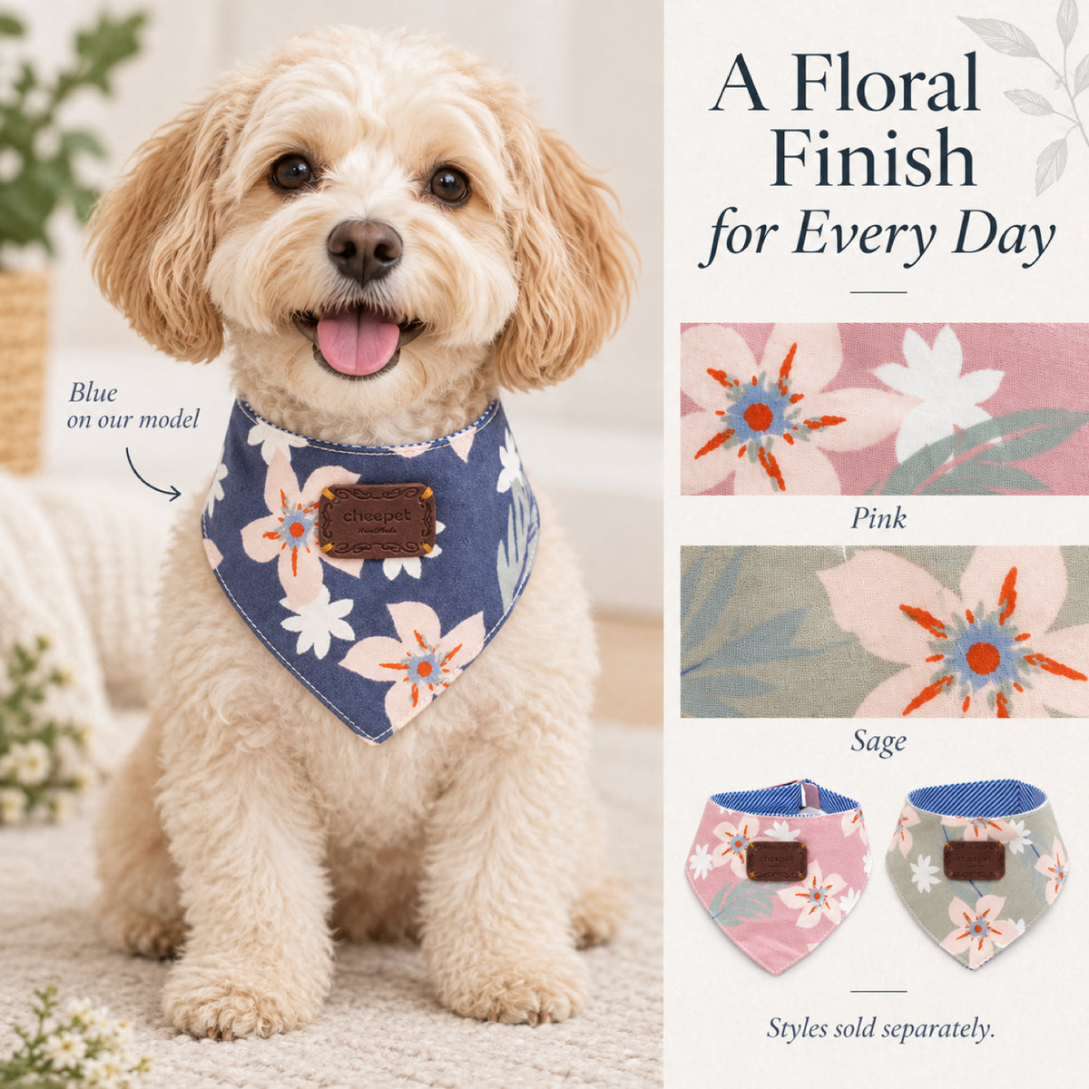 GAVPEPY Cotton Floral Hook-and-Loop Pet Bib, Sizes S, M, L, Blue, Pink, for photos, celebrations, walks and everyday pet outfits; a neckwear accessory for everyday outfits, portraits and special occasions image 7 - 07-花色收束.jpg