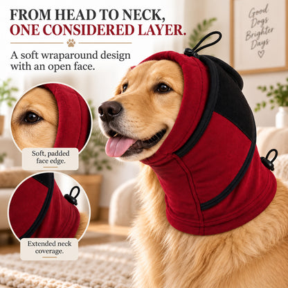GAVPEPY Fleece-Style A-Shape Dog Head and Neck Wrap, Gray or Red in S, M, L and XL, for covering ears and neck during supervised cool-weather or noisy routines, walks, home, grooming and travel, an open face, layered neck section and adjustment image 2 - 1.jpg