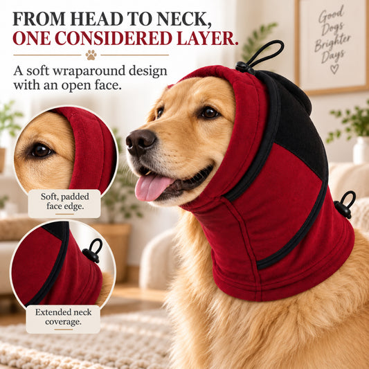 GAVPEPY Fleece-Style A-Shape Dog Head and Neck Wrap, Gray or Red in S, M, L and XL, for covering ears and neck during supervised cool-weather or noisy routines, walks, home, grooming and travel, an open face, layered neck section and adjustment image 2 - 1.jpg