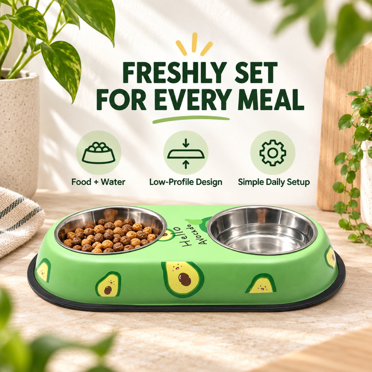 Avocado-Print Double Pet Bowl, 2 Sizes, By GAVPEPY image 2 - 1.jpg