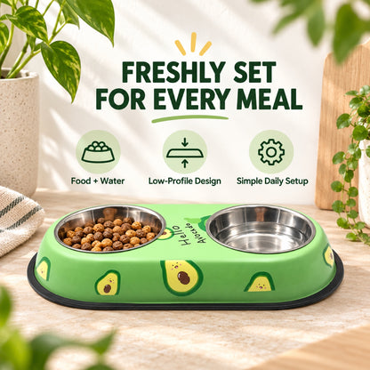 Avocado-Print Double Pet Bowl, 2 Sizes, By GAVPEPY image 2 - 1.jpg