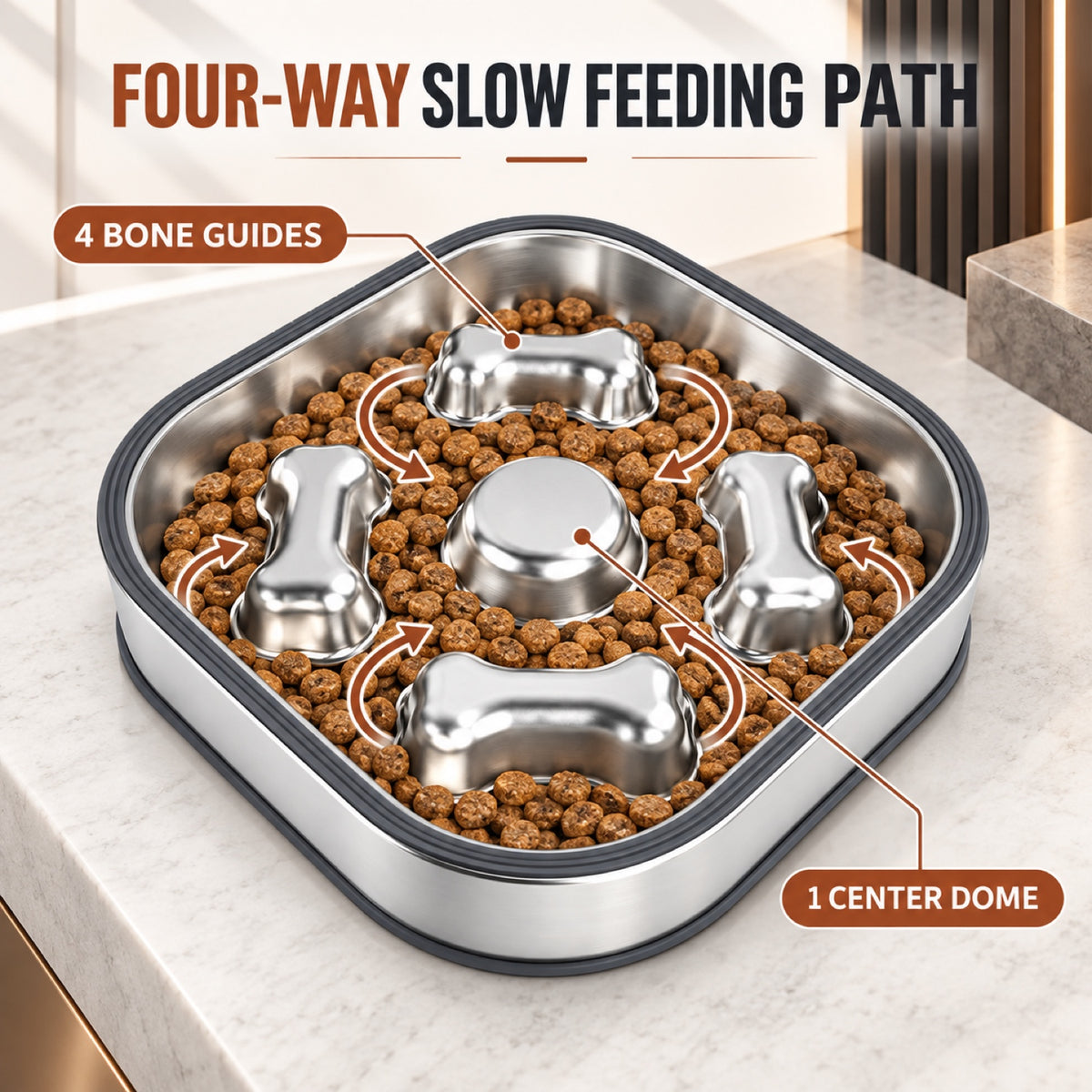 Square Bone-Print Stainless Steel Slow Feeder Bowl, 2 Base Options, By GAVPEPY image 2 - 1.jpg