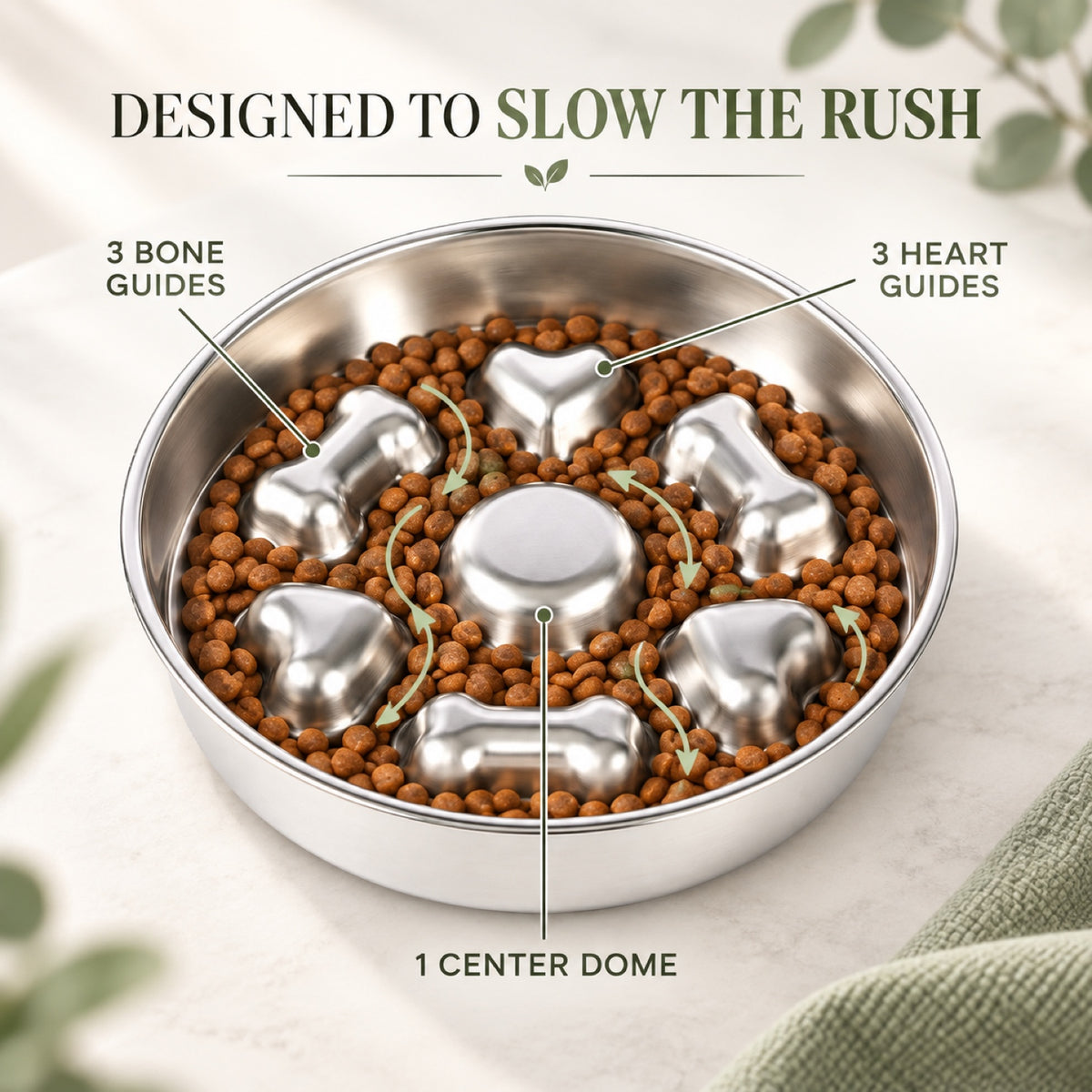 Round Bone-Print Stainless Steel Slow Feeder Bowl, 3 Base Options, By GAVPEPY image 2 - 1.jpg