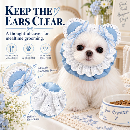 GAVPEPY Cotton Denim Long-Ear Dog Snood with Lace Trim, Light Blue or Medium Blue in S, M and L, for holding long ears and hair back during supervised meals and grooming, feeding time, home grooming and short walks image 2 - 1.jpg