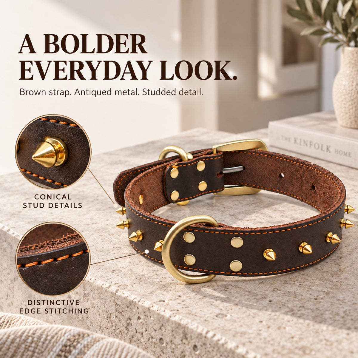 GAVPEPY Leather-style material Studded Dog Collar, Sizes 2-0 cm, 2-5 cm, 3-0 cm, 3-5 cm, Brown, for neighborhood walks, park visits and daily dog wear; an adjustable neckwear option for supervised walks and everyday outings image 1 - 1.jpg