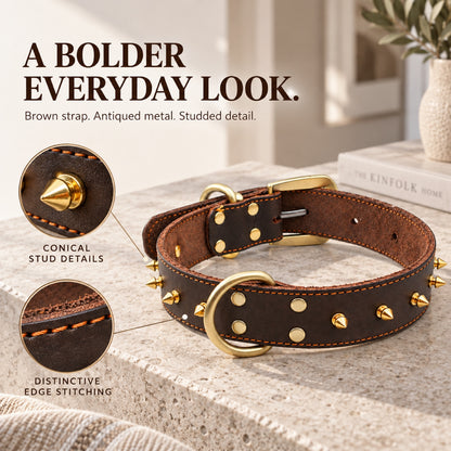 GAVPEPY Leather-style material Studded Dog Collar, Sizes 2-0 cm, 2-5 cm, 3-0 cm, 3-5 cm, Brown, for neighborhood walks, park visits and daily dog wear; an adjustable neckwear option for supervised walks and everyday outings image 1 - 1.jpg