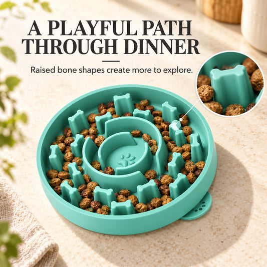GAVPEPY Silicone Textured Slow Feeder Bowl, 20 x 20 x 4 cm, teal finish, for Everyday Dog and Cat Meals or Water at Home, raised pattern across the feeding surface; a patterned surface separates portions across the bowl image 2 - 1.jpg